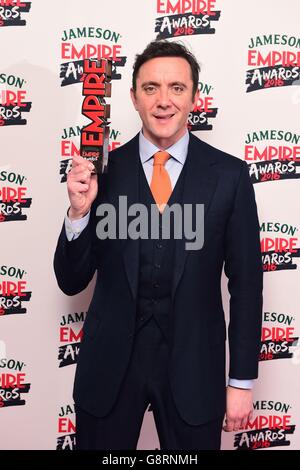 Peter Serafinowicz with the Best Comedy Award for Spy at the Jameson Empire Film Awards 2016 held at Grosvenor House, on Park Lane, London. Stock Photo