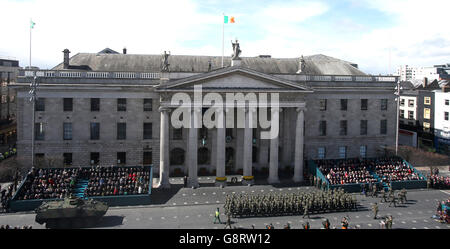 The largest military parade in the history of the state passes the GPO as part of the 1916 Easter Rising centenary commemorations in Dublin. Stock Photo