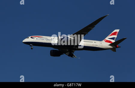 A British Airways Boeing 787-8 Dreamliner plane with the registration G-ZBJE lands at Heathrow