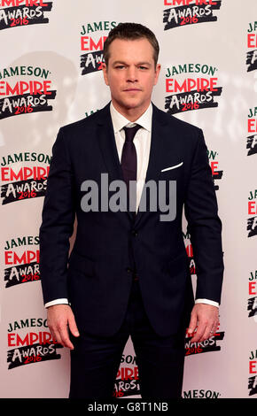 Matt Damon wins the Best Actor award, at the Jameson Empire Film Awards 2016 held at Grosvenor House, on Park Lane, London. Stock Photo