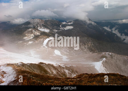 Early spring in mountains Carpathians, snow. Stock Photo