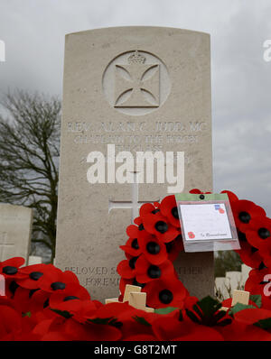 Harry Judd attends service for great-great uncle. The headstone of The Reverend Alan Judd MC at the Fifteen Ravine British Cemetery in Villers-Plouich, France. Stock Photo