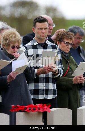 Musician Harry Judd, attends the rededication ceremony of his great great uncle The Reverend Alan Judd MC at the Fifteen Ravine British Cemetery in Villers-Plouich, France. Stock Photo
