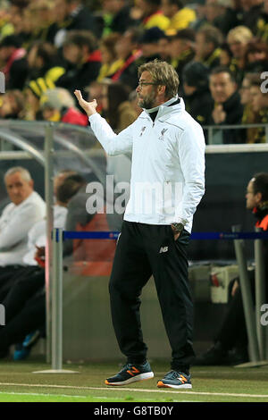 Liverpool manager Jurgen Klopp gestures on the touchline during the UEFA Europa League Quarter Final, First Leg match at Signal Iduna Park, Dortmund. Stock Photo