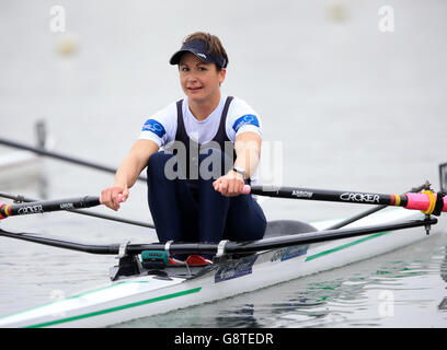 Charlotte Taylor after the Women's LW1x A Final during the British Rowing Olympic Trials event at Caversham Lakes. Stock Photo