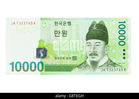 South korean ten thousand Won banknote on a white background Stock Photo