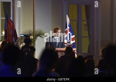 Prince Harry speaks at the British Embassy in Kathmandu in Nepal on day five of his visit to the country. Stock Photo