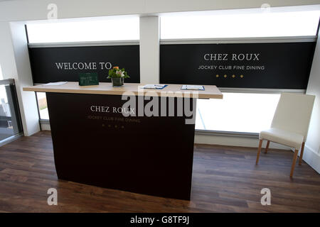 2016 Cheltenham Festival - St Patrick's Thursday - Cheltenham Racecourse. A general view of Chez Roux Restaurant boxes signage Stock Photo