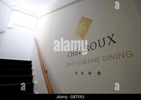 2016 Cheltenham Festival - St Patrick's Thursday - Cheltenham Racecourse. A general view of Chez Roux Restaurant signage Stock Photo