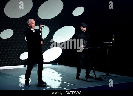 The Pet Shop Boys, Neil Tennant (left) and Chris Lowe, perform during filming of The Graham Norton Show, at The London Studios, south London, to be aired on BBC One on Friday evening. Stock Photo