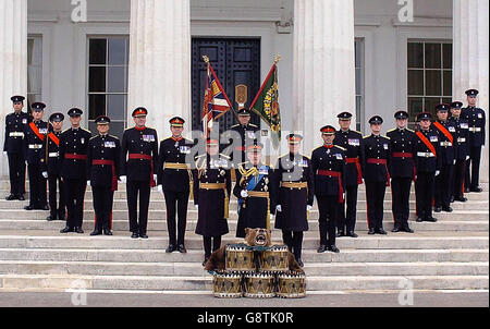 Field Marshall The Lord Inge (centre) stands with all ranks in front of drums captured in the Crimea at the Royal Military Academy, Sandhurst, Monday September 19, 2005. Eighteen ranks of serving Green Howard soldiers came together to celebrate the anniversary of their major battle honour, the Battle of Alma during the Crimean War. PRESS ASSOCIATION Photo. Photo credit should read: Michael Stephens/PA Stock Photo