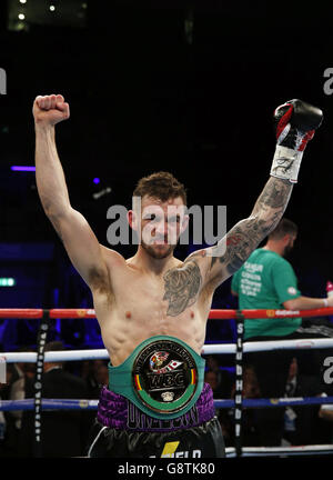 Tom Doran celebrates beating Luke Keeler in their vacant WBC International Middleweight contest at the Echo Arena, Liverpool. Stock Photo