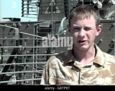 We are advised that video-grabs should not be used by daily papers later than 48 hours after the broadcast of the programme, without consent of the copyright holder. ALL TV AND INTERNET OUT. Sky News Videograb of Lance Corporal Jo McCann speaking of his ordeal, Wednesday 21 September, 2005. The men described how they battled to escape from their armoured vehicle in Basra when it was engulfed in flames after a mob attacked them with petrol bombs. Watch for PA Story DEFENCE Iraq Soldiers. Press Association Photo. Photo Credit should read : Sky News/PA. Stock Photo