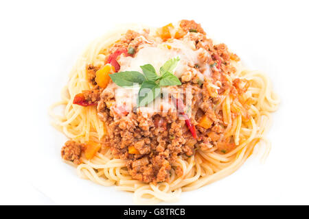 Spaghetti Bolognese on White Background. Stock Photo
