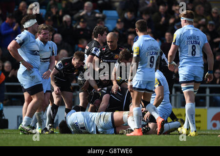 Exeter Chiefs' Thomas Waldrom (centre) is congratulated by his team mates after he scores a try during the Aviva Premiership match at Sandy Park, Exeter.