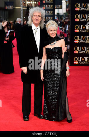 Brian May and Anita Dobson attending the Olivier Awards 2016 held at The Royal Opera House in Covent Garden, London. PRESS ASSOCIATION Photo. Picture date: Sunday April 3, 2016. See PA story SHOWBIZ Olivier. Photo credit should read: Ian West/PA Wire Stock Photo