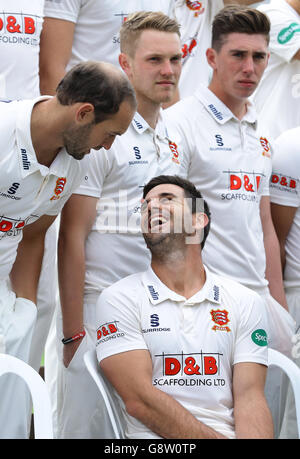 Essex Captain Ryan ten Doeschate (bottom) shares a joke with Nick Browne during the media day at the Essex County Ground, Chelmsford. Stock Photo