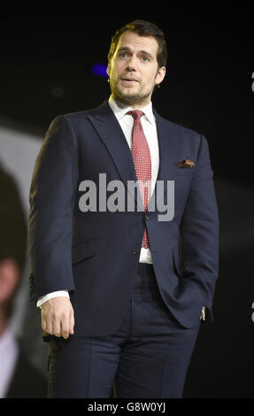 Actor Henry Cavill speaks at the Huawei product announcement of their P9 and P9 plus smartphones at Battersea Evolution in London. Stock Photo