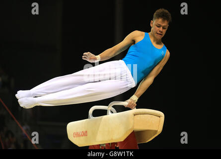 Harry Wall on the pommel horse during the Artistic Gymnastics British Championships 2016 at the Echo Arena, Liverpool. Stock Photo