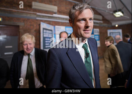 Conservative candidate for London Mayor Zac Goldsmith, joined by current mayor Boris Johnson, launches his manifesto for the forthcoming City Hall elections on May 5th in Wimbledon, south west London. Stock Photo
