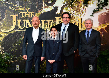 Sir Ben Kingsley, Neel Sethi (second left), Jon Favreau (second from right) and Brigham Taylor (right) attending the Jungle Book European Premiere held at BFI IMAX, 1 Charlie Chaplin Walk, London. PRESS ASSOCIATION Photo. Picture date: Wednesday April 13, 2016. See PA story SHOWBIZ Jungle. Photo credit should read: Ian West/PA Wire Stock Photo