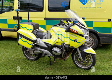 A BMW paramedic motorcycle in Trowbridge town park at the Wiltshire Armed Forces & Veterans Weekend, 26th June 2016. Stock Photo