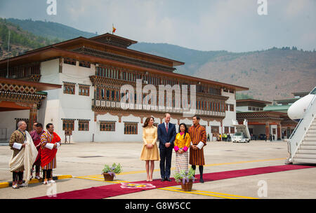 The Duke and Duchess of Cambridge pose for a photo with the sister of the King of Bhutan Chhimi Yangzom and her husband at Paro International Airport, Bhutan, during day five of the Royal tour to India and Bhutan. Stock Photo