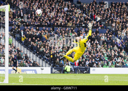 Rangers' Barrie McKay (not pictured) scores his sides second goal past Celtic goalkeeper Craig Gordon during the William Hill Scottish Cup semi-final match at Hampden Park, Glasgow. Stock Photo