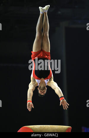 Kristian Thomas on the vault during the Artistic Gymnastics British Championships 2016 at the Echo Arena, Liverpool. Stock Photo