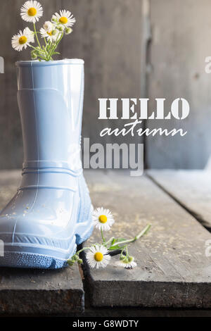 hello autumn text, daisy and boots on a vintage table, Stock Photo