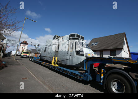 A Sea King helicopter arrives in Thornhill to start life as 'glamping' accommodation, after Stirling farmer Martyn Steedman bought the former search-and-rescue helicopter in an online MoD auction for &pound;7,000 and decided to turn it into accommodation complete with a dining area in the cockpit. Stock Photo