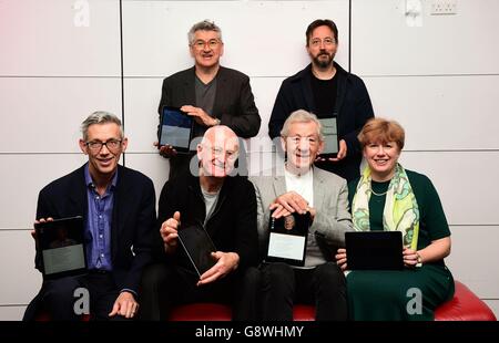 (Back row, from the left) Richard Loncraine, Toby Evetts and (front row, from the left) Jonathan Bate, Patrick Uden, Sir Ian McKellen and Margaret Bartley attending the launch of the new Shakespeare app at the BFI on the Southbank in London. Stock Photo