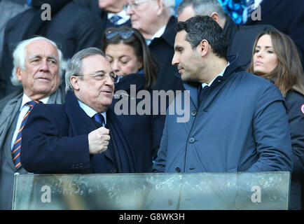 Real Madrid president Florentino Perez (left) and Manchester City President Khaldoon Al Mubarak (right) in the stands during the UEFA Champions League, Semi-Final match at the Etihad Stadium, Manchester. Stock Photo