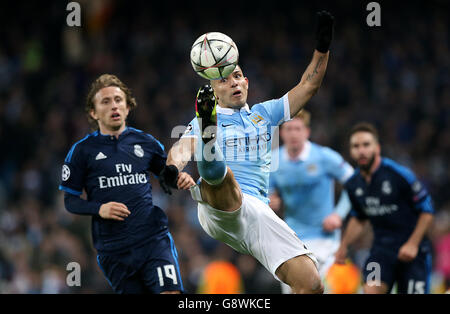 Manchester City's Sergio Aguero in action during the UEFA Champions League, Semi-Final match at the Etihad Stadium, Manchester. Stock Photo