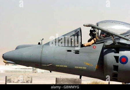 A Harrier Aircraft returns back to Kandahar, Afghanistan Airbase, Monday October 3, 2005 after flying on a sorte. British Defence Secretary John Reid was making a visit to British forces within Afghanistan. PRESS ASSOCIATION Photo. Photo credit should read: Johnny Green/PA Stock Photo