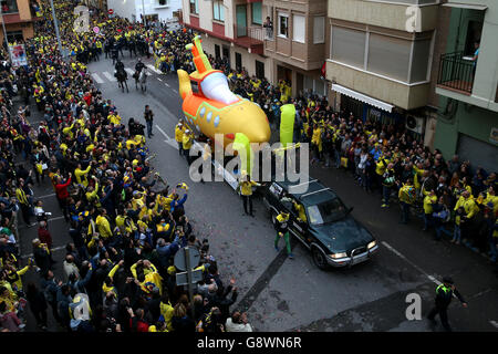 The Villarreal team coach arrives followed by a yellow submarine ahead ...