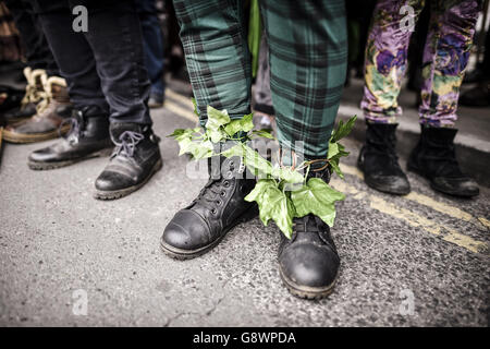 Ivy decorates a pair of boots during the Glastonbury Beltane celebrations in Somerset, where the traditionally Gaelic May Day festival is celebrated annually on the 1st of May or halfway between the spring equinox and the summer solstice. Stock Photo