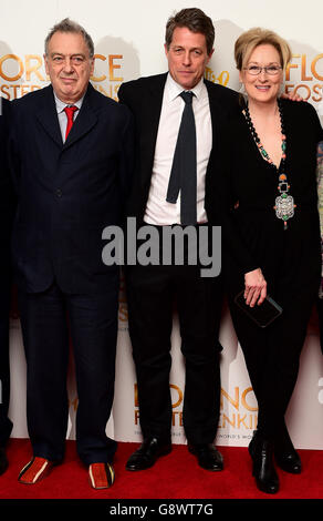 (Left to right) Director Stephen Frears, Hugh Grant and Meryl Steep attending the Florence Foster Jenkins World Premiere held at Odeon Leicester Square, London. PRESS ASSOCIATION Photo. Picture date: Tuesday 12 April 2016. See PA Story SHOWBIZ Streep. Photo credit should read: Ian West/PA Wire Stock Photo