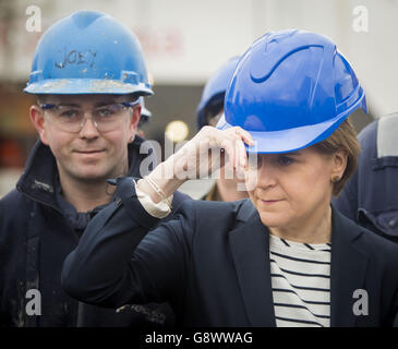 Scottish National Party leader Nicola Sturgeon meets workers during her visit to Ferguson shipyard in Port Glasgow while on the Scottish election campaign trail. Stock Photo