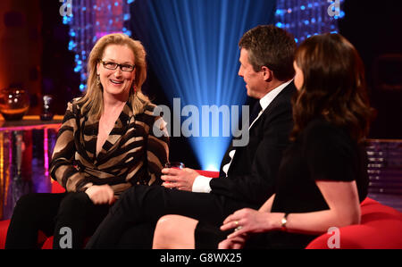 (from the left) Meryl Streep, Hugh Grant and Keeley Hawes during the filming of the Graham Norton Show at the London Studios in London, to be broadcast on BBC1 tomorrow. Stock Photo