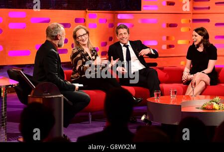 (from the left) Graham Norton, Meryl Streep, Hugh Grant and Keeley Hawes during the filming of the Graham Norton Show at the London Studios in London, to be broadcast on BBC1 tomorrow. Stock Photo