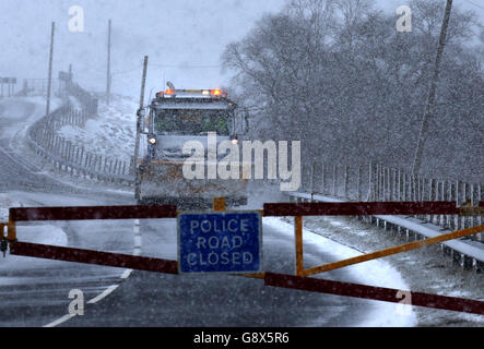 The closed snow gates on the A93 at Spittal of Glenshee . Picture