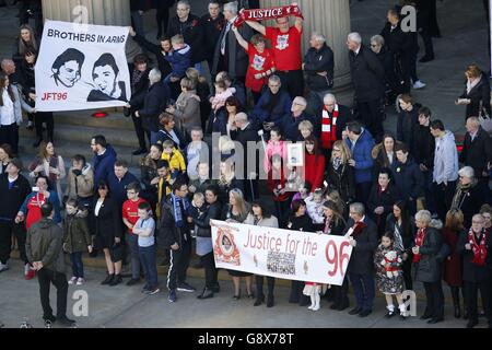 Family members of the Hillsborough victims attend a commemorative event at St George's Hall in Liverpool, to mark the outcome of the Hillsborough inquest which ruled that 96 Liverpool fans who died as a result of the Hillsborough disaster were unlawfully killed. Stock Photo