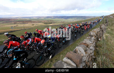 The peloton after the Cote de Greenhow Hill during stage one of the Tour de Yorkshire. Stock Photo