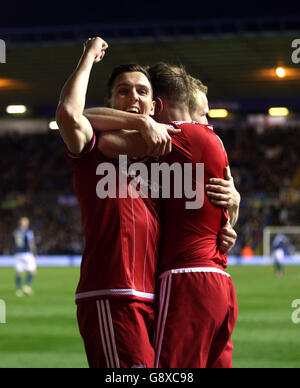 Middlesbrough's Stewart Downing (left) celebrates his side's second goal scored by Gaston Ramirez during the Sky Bet Championship match at St Andrew's, Birmingham. Stock Photo