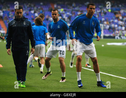 Real Madrid's Cristiano Ronaldo during the warm up for the UEFA Champions League Semi Final, Second Leg match at the Santiago Bernabeu, Madrid. Stock Photo