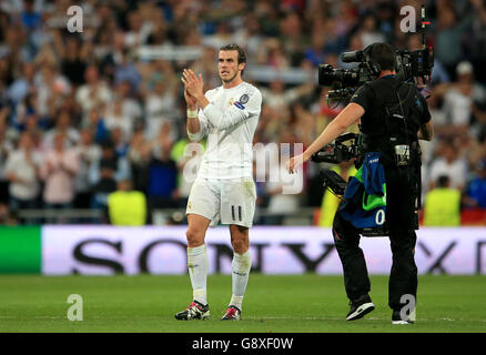 Real Madrid's Gareth Bale at the final whistle following the UEFA Champions League Semi Final, Second Leg match at the Santiago Bernabeu, Madrid. Stock Photo