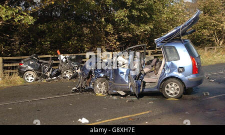 A Mazda people carrier and Peugeot 306, Saturday 8 October 2005, which where involved in an accident last night which claimed the lives of five people, near Quigleys Point Co. Donegal, Ireland. See PA story POLICE Crash PRESS ASSOCIATION Photo. Photo credit should read: PA Stock Photo