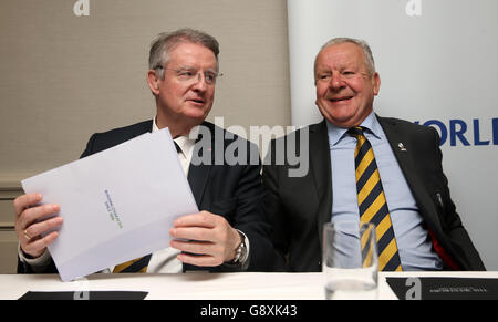 Incoming chairman of World Rugby, Bill Beaumont with outgoing chairman Bernard Lapasset (left) during the press conference at the Westbury Hotel, Dublin. Stock Photo