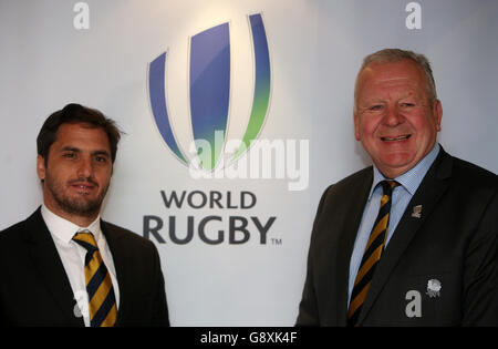 Incoming chairman of World Rugby, Bill Beaumont with new vice-chairman Agustin Pichot (left) during the press conference at the Westbury Hotel, Dublin. Stock Photo